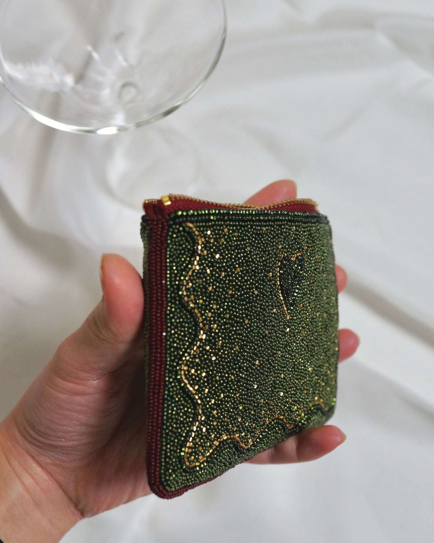 【総刺繍ポーチ/ Deep-Green】