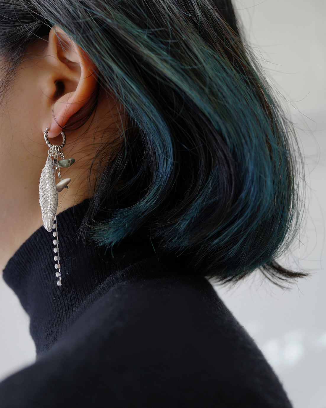 Silver leaf+Pearl+chain Earrings