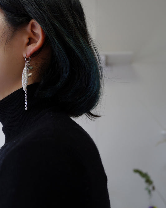 Silver leaf+Pearl+chain Earrings